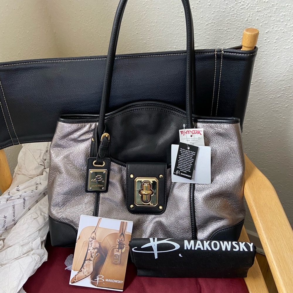 B MAKOWSKY LUXURY LEATHER CLASSICS Handbag Pewter Black New Never Used With Tags